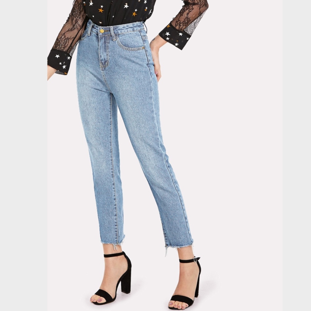 Raw Hem Blue High Waisted Jeans Light Wash - Picture 3 of 7